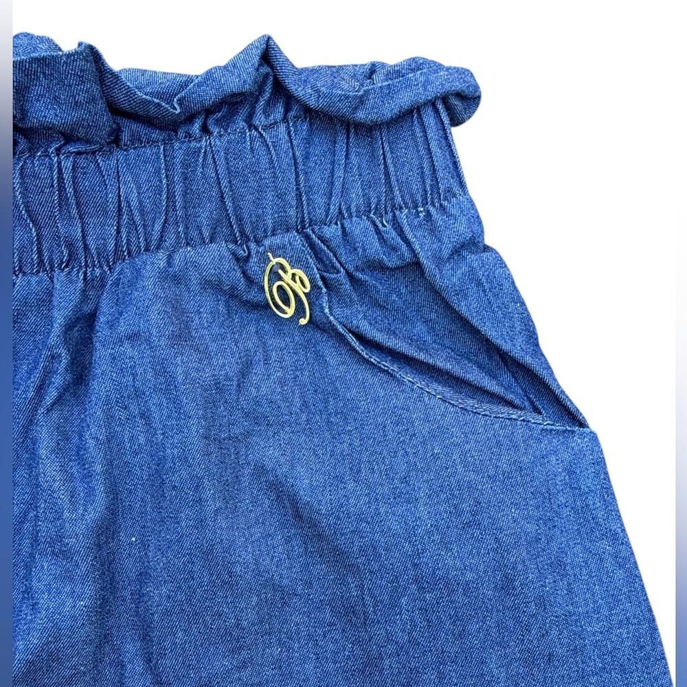 Stephele Béart Denim Culotte Pants 110 Paperbag Elastic Waist Wide Leg Crop Girl - Picture 3 of 9